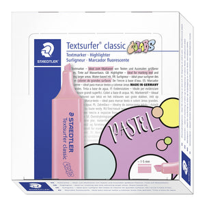 Front of the Staedtler Textsurfer classic COLORS box for light carmine, with a dusty rose highlighter drawn over PASTEL circles