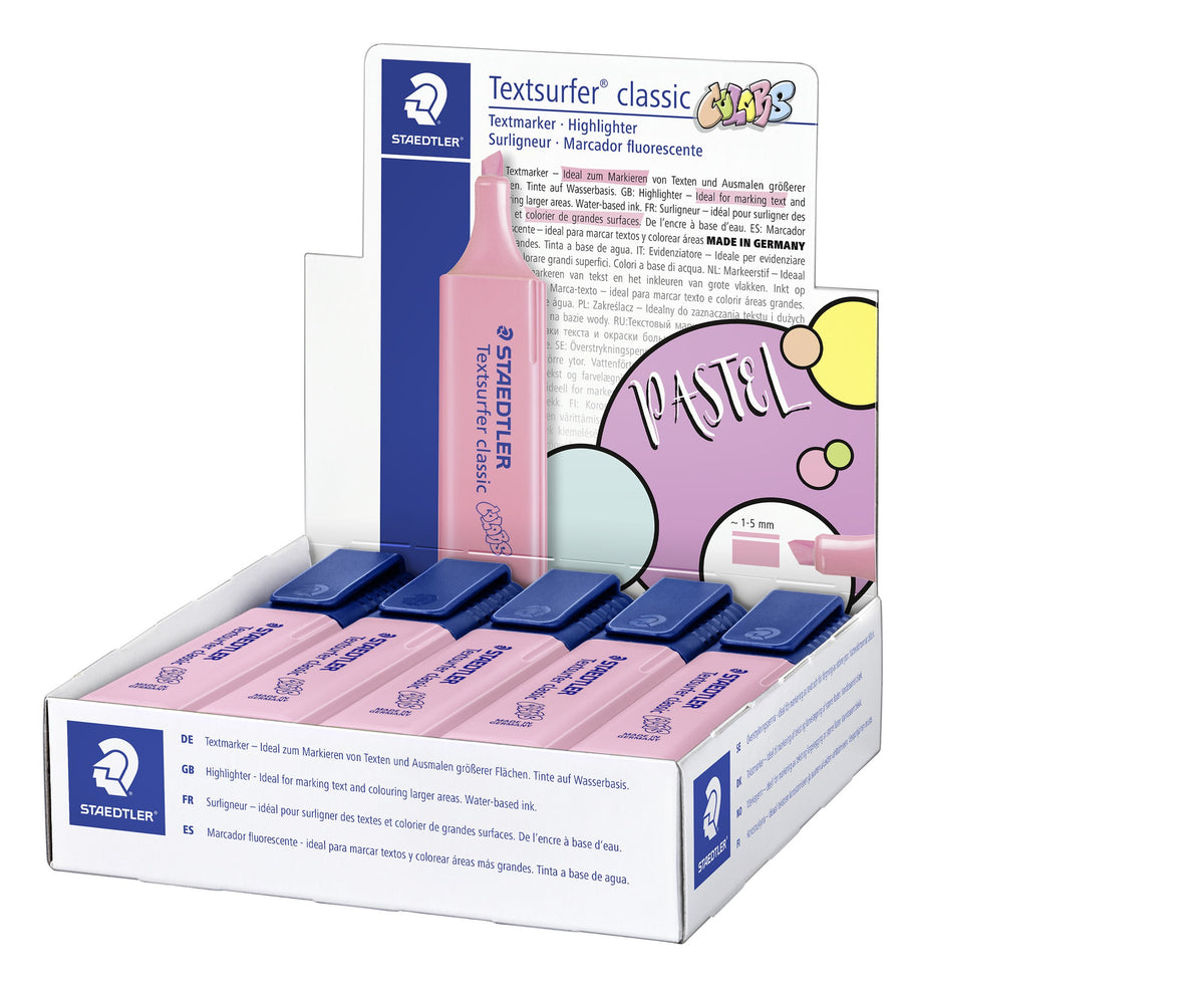 Light carmine Textsurfer classic pens standing in their open display box, navy caps facing forward and the printed lid raised