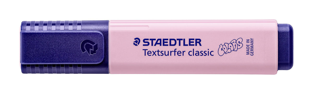 Light carmine Textsurfer classic capped with its navy twist cap, lying flat with the Staedtler name visible