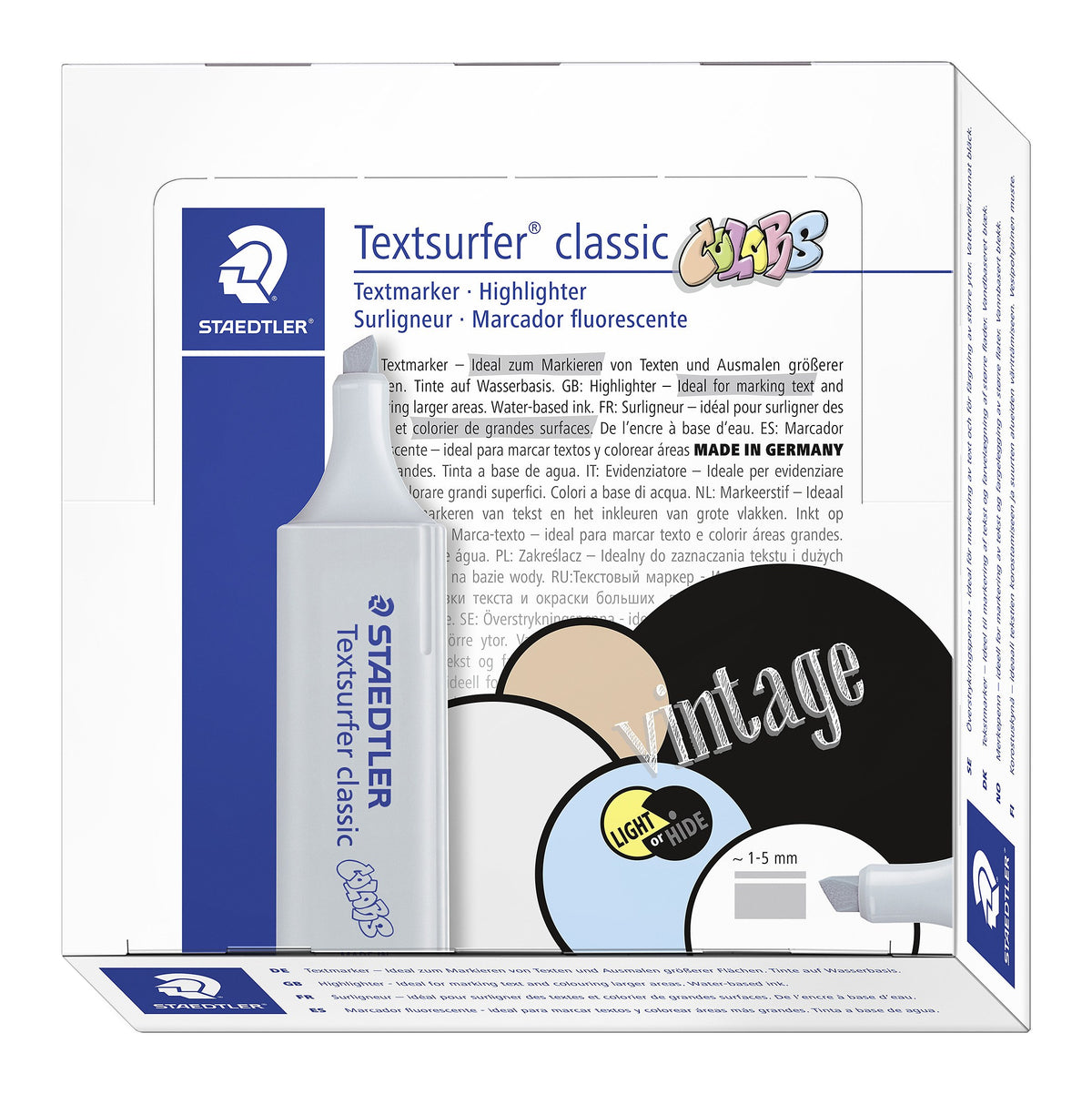Staedtler Textsurfer classic COLORS box with a light grey pen on the front and black and beige vintage artwork