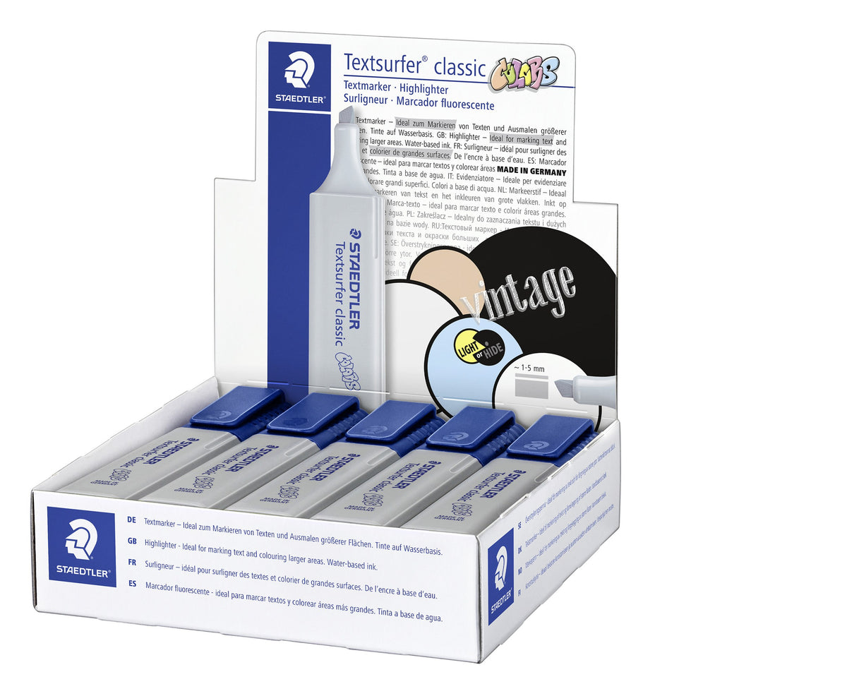 Opened box of 10 light grey Textsurfer classic highlighters with navy caps, display lid printed with vintage artwork