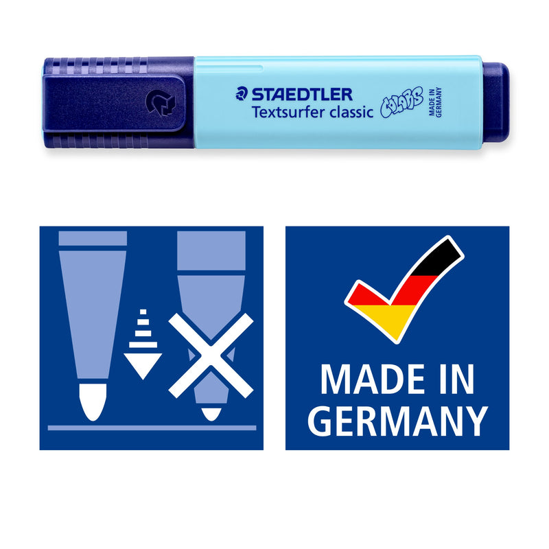 COLORS highlighter pictogram panel showing the locked tip and Made in Germany icons, with a sky blue pen