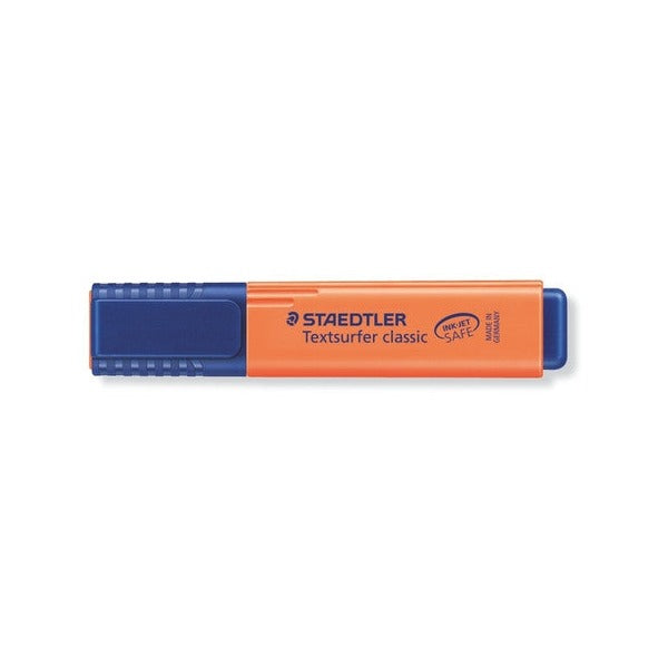 Orange Textsurfer classic capped with its navy twist cap, lying flat with the Staedtler print visible