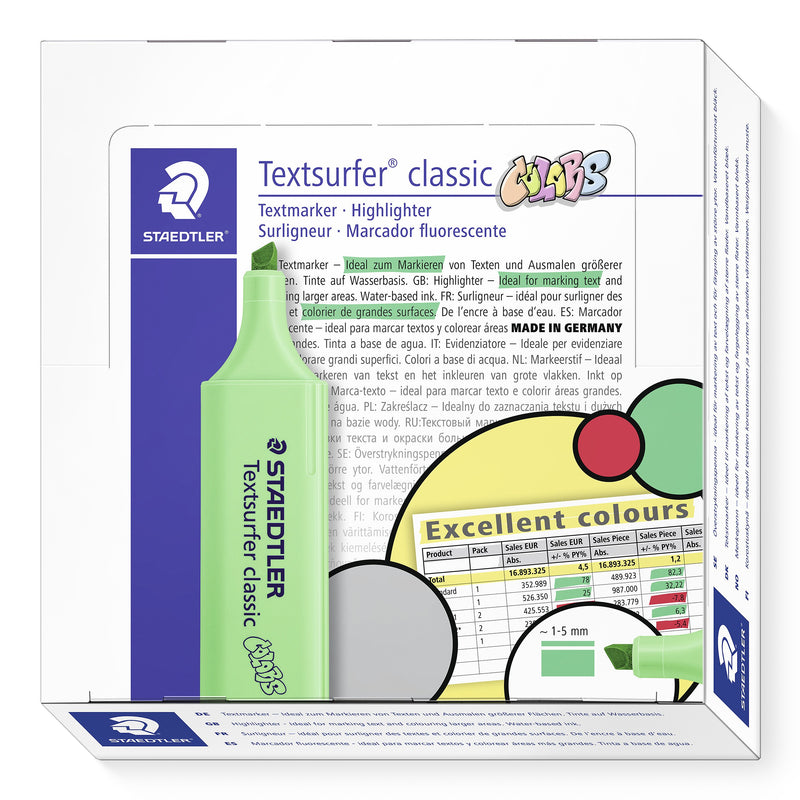 Staedtler Textsurfer classic box for pale green 364 C-550, front printed with Excellent colours artwork and a green highlighter