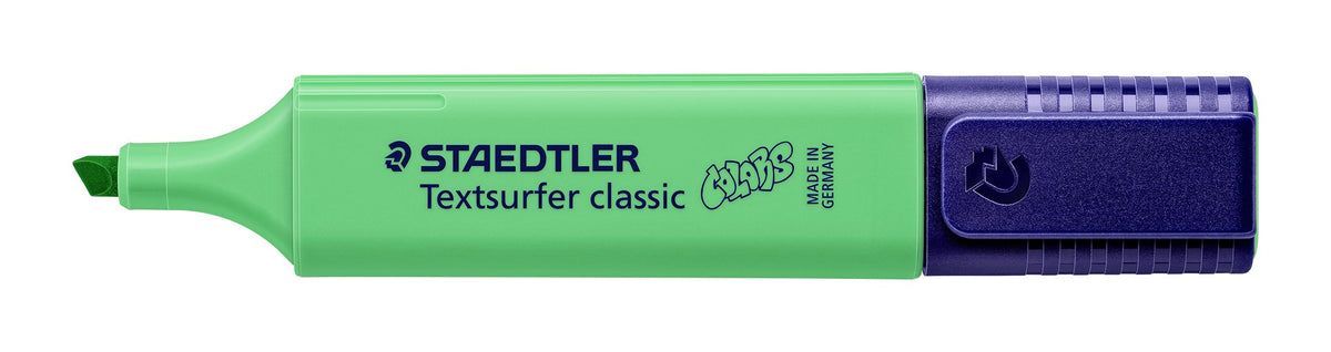 Pale green Textsurfer classic without its cap, lying flat with the chisel tip pointing left