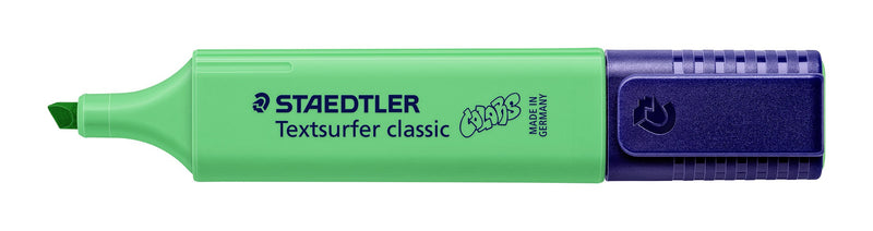 Pale green Textsurfer classic without its cap, lying flat with the chisel tip pointing left