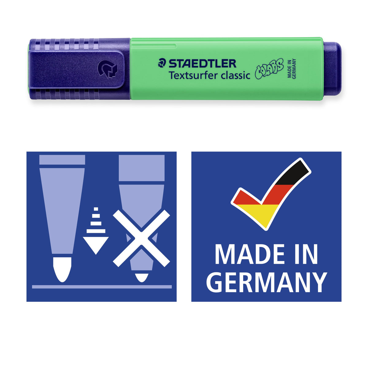 Pale green Textsurfer classic above Staedtler pictograms for the locked tip and Made in Germany