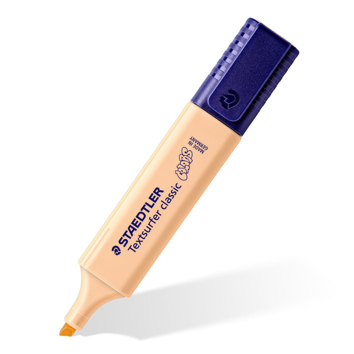 Single peach Textsurfer classic angled tip down, STAEDTLER Textsurfer classic COLORS printed along the barrel