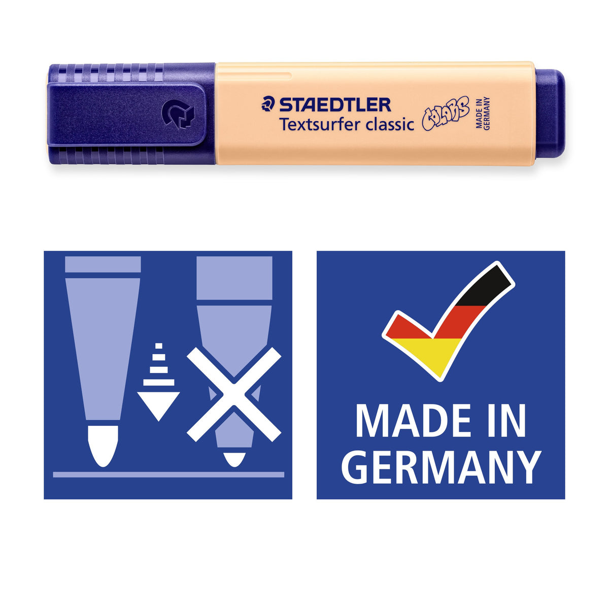Peach Textsurfer classic shown above the locked tip and Made in Germany pictograms