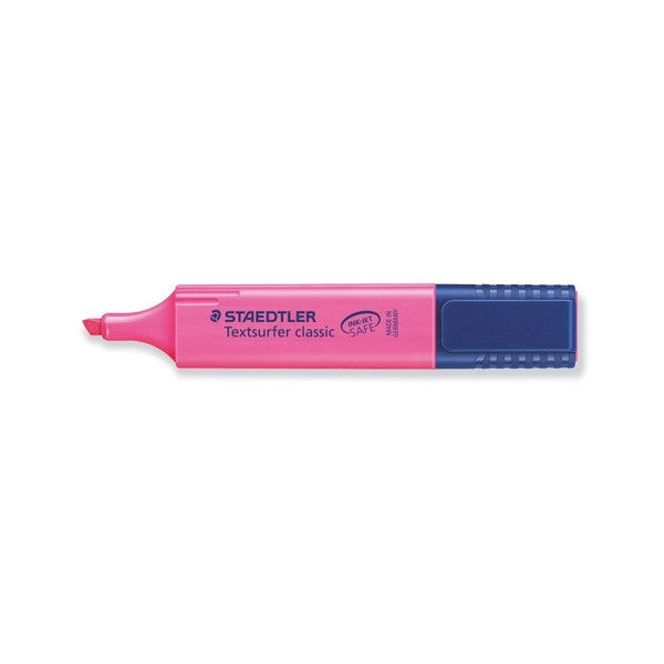 Pink Textsurfer classic 364-23 uncapped, lying flat with the chisel tip pointing left and INK JET SAFE printed on the barrel