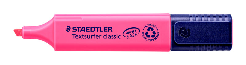 Pink Staedtler Textsurfer classic 364 highlighter lying flat, showing the pink barrel and navy twist cap