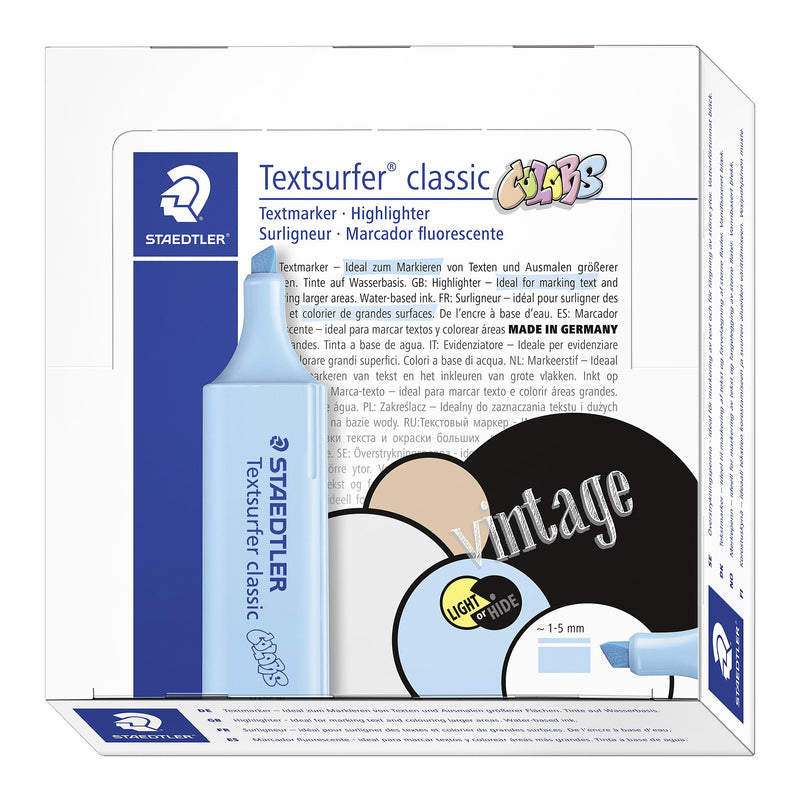 Staedtler Textsurfer classic COLORS box of 10 with a sky blue pen on the front, vintage circles artwork and MADE IN GERMANY in the text panel