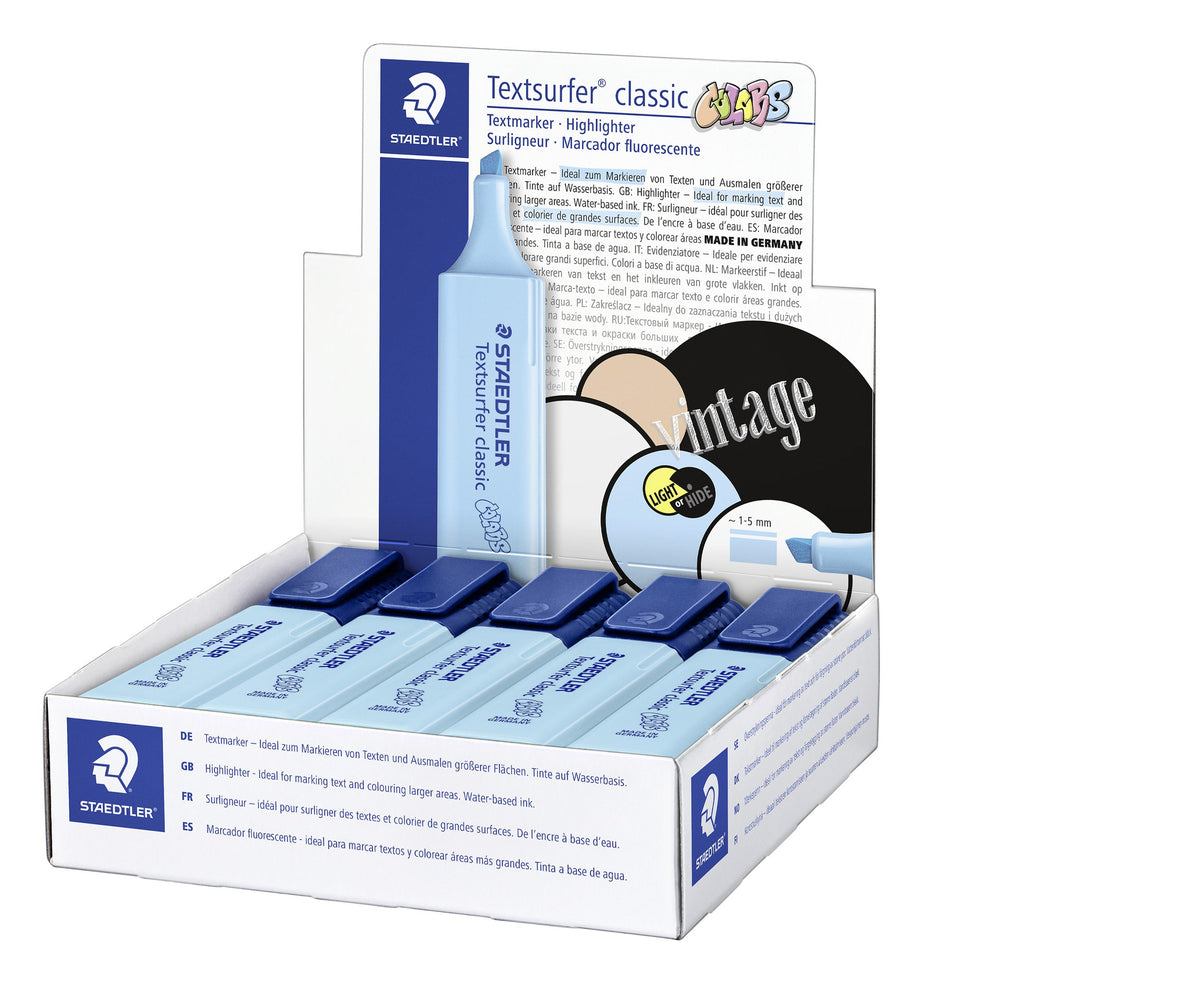 Box opened to show sky blue Textsurfer classic highlighters lined up with navy twist caps
