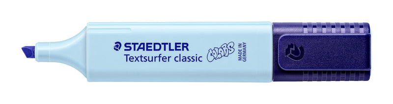 Sky blue 364 C-305 highlighter without its cap, pale blue barrel with the navy cap at the back end