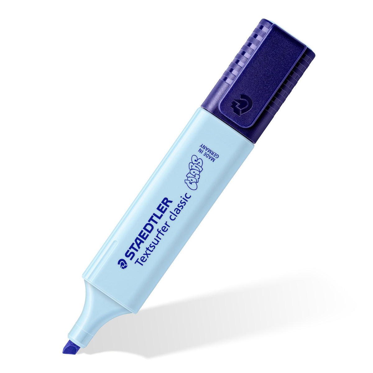 Single sky blue Textsurfer classic held at an angle, chisel tip pointing down and navy cap on top