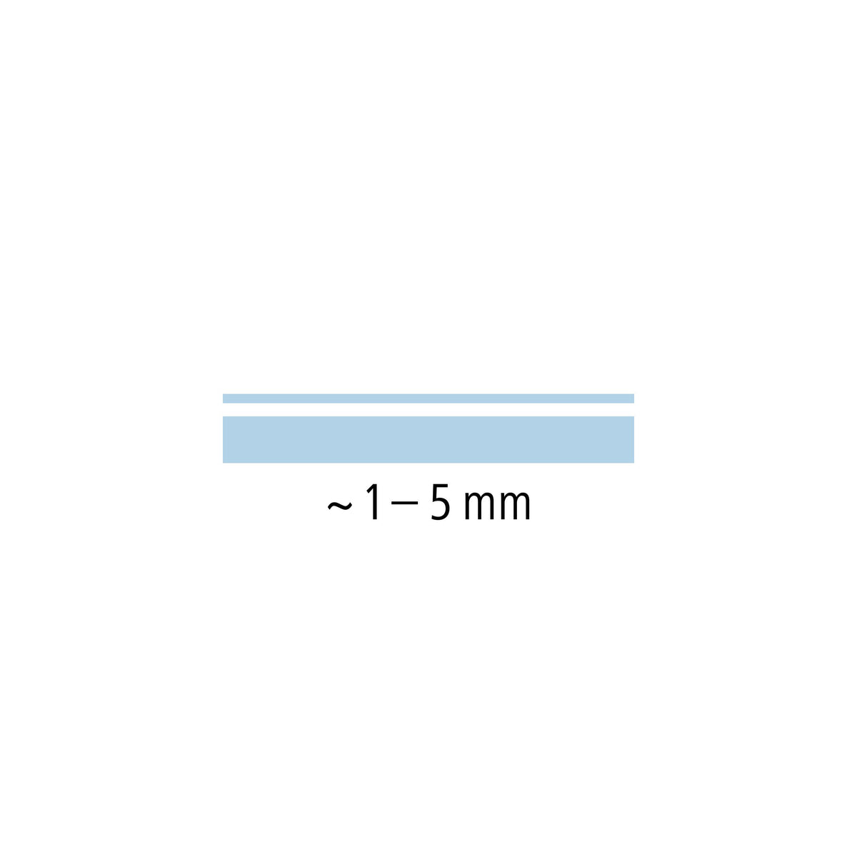 Sky blue line width sample showing a thin and a broad band, labelled approx. 1-5 mm