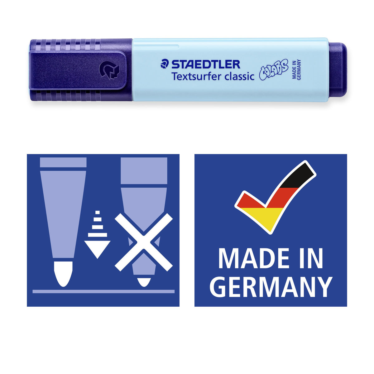 Staedtler pictograms under a sky blue Textsurfer classic: locked tip symbol and Made in Germany