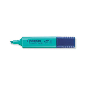 Turquoise Textsurfer classic 364-35 uncapped, chisel tip on the left and INK JET SAFE printed on the turquoise barrel