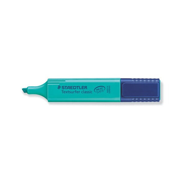 Turquoise Textsurfer classic 364-35 uncapped, chisel tip on the left and INK JET SAFE printed on the turquoise barrel