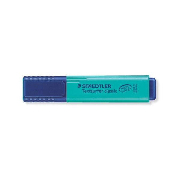 Turquoise Textsurfer classic with the navy twist cap on, lying flat