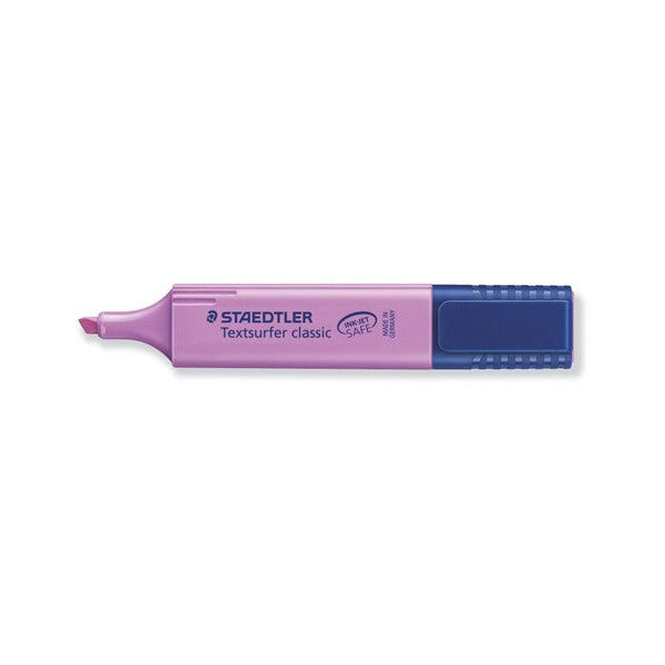 Violet Textsurfer classic 364-6 highlighter with the cap off, chisel tip to the left and Staedtler logo on the barrel