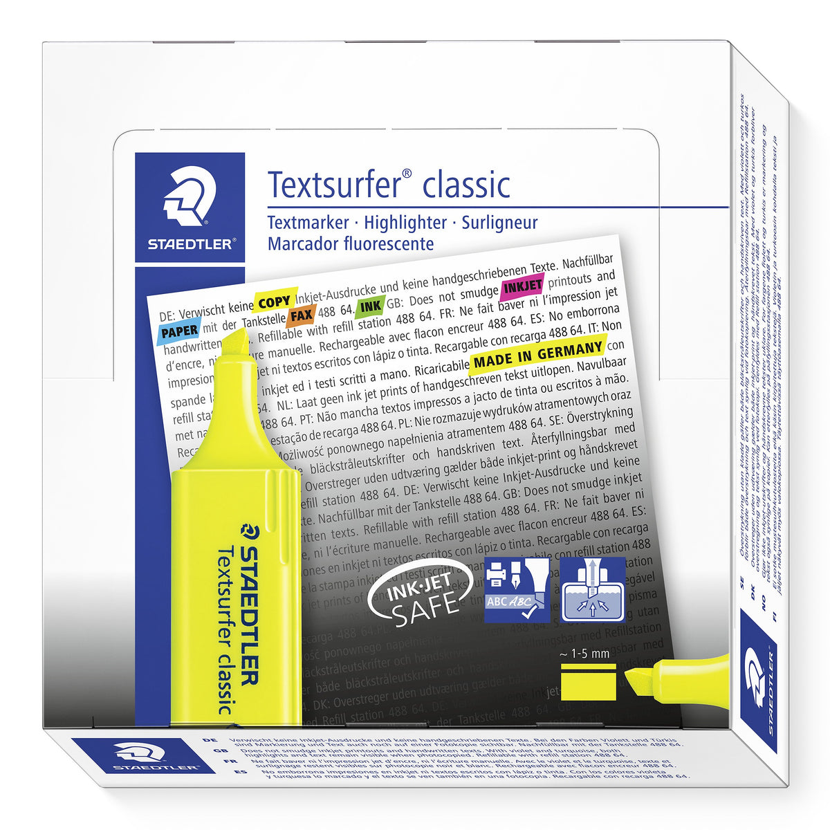 Staedtler Textsurfer classic box with a yellow highlighter on the front panel, INK JET SAFE and refill pictograms and approx. 1 to 5 mm swatch