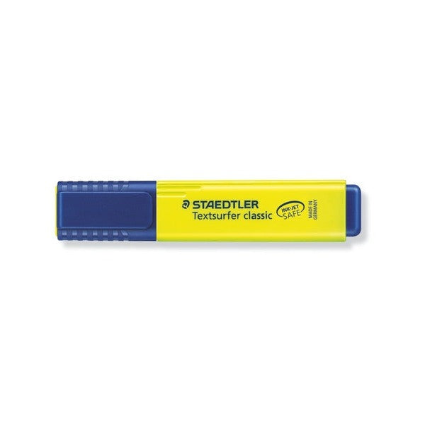 Yellow Textsurfer classic with its navy twist cap on, lying flat