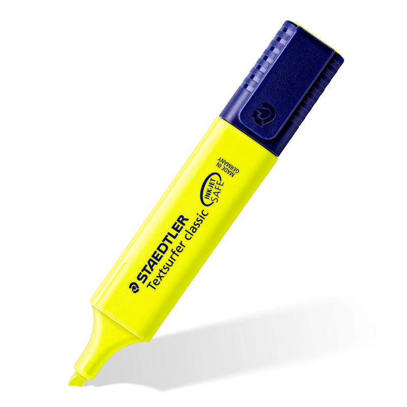 Yellow Staedtler Textsurfer classic 364 highlighter with a navy cap, shown at an angle on a white background