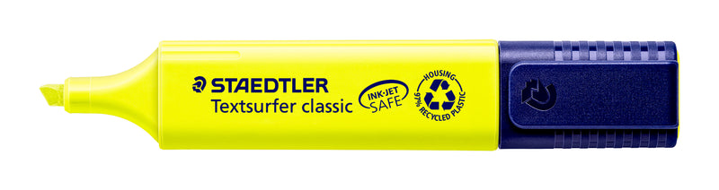 Yellow Staedtler Textsurfer classic 364 highlighter lying flat, showing the barrel and twist cap