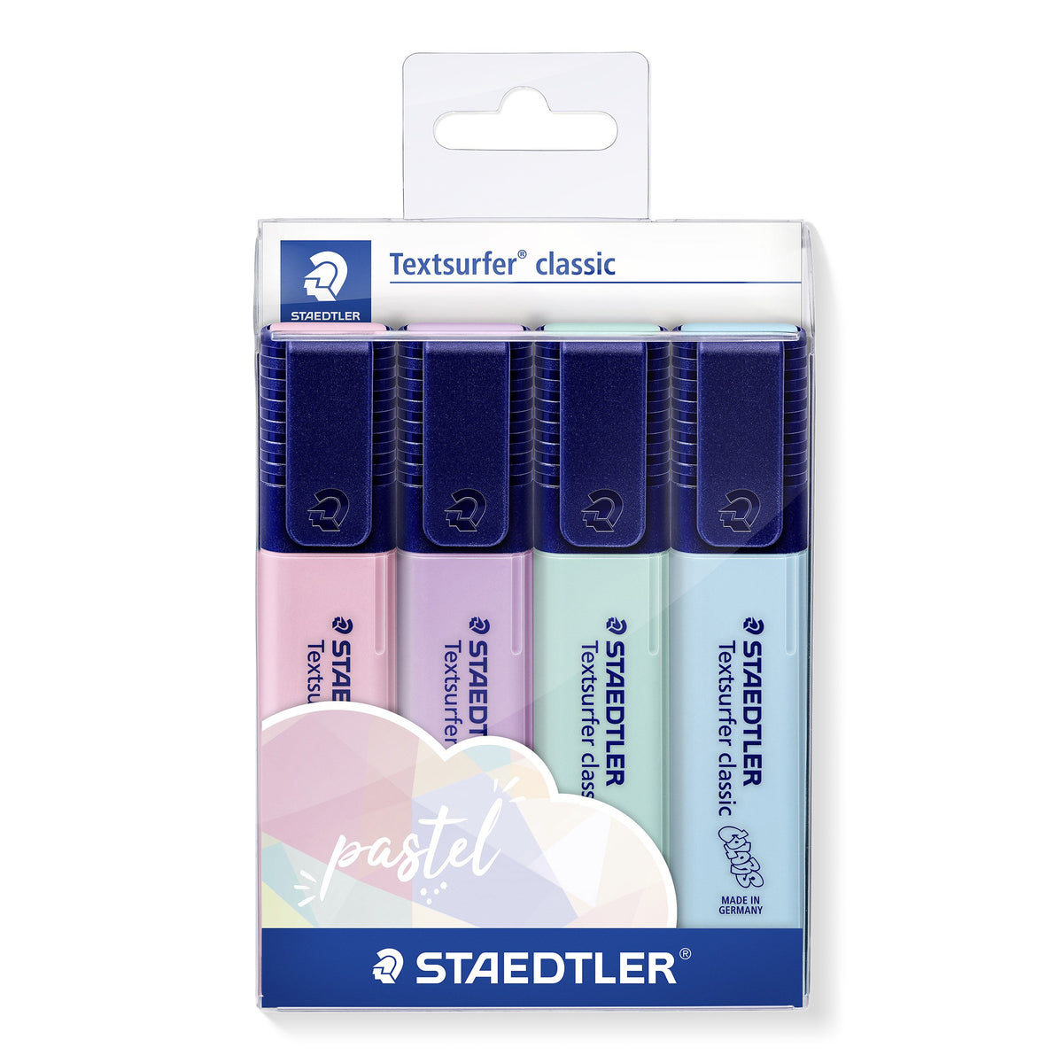 Staedtler Textsurfer classic pastel wallet of 4 on a hanger card: pink, lavender, mint and light blue pens behind a pastel cloud graphic