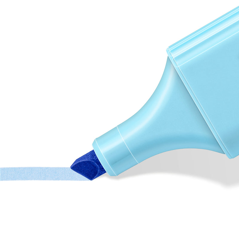Close-up of a light blue pastel chisel tip laying a broad stroke on white paper