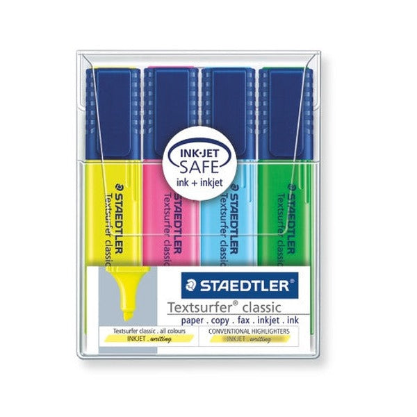 Earlier Staedtler packaging for the Textsurfer classic wallet of 4, with an INK JET SAFE roundel over yellow, pink, blue and green pens