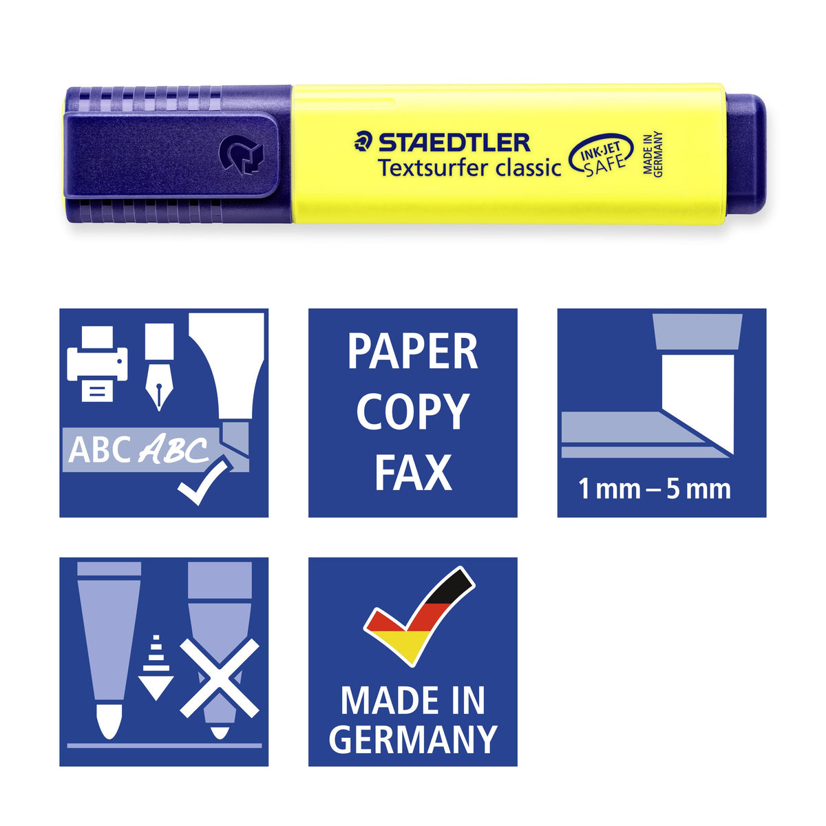 Staedtler pictograms for the 364 WP4: inkjet safe, paper copy fax, 1 to 5 mm line, locked tip and Made in Germany