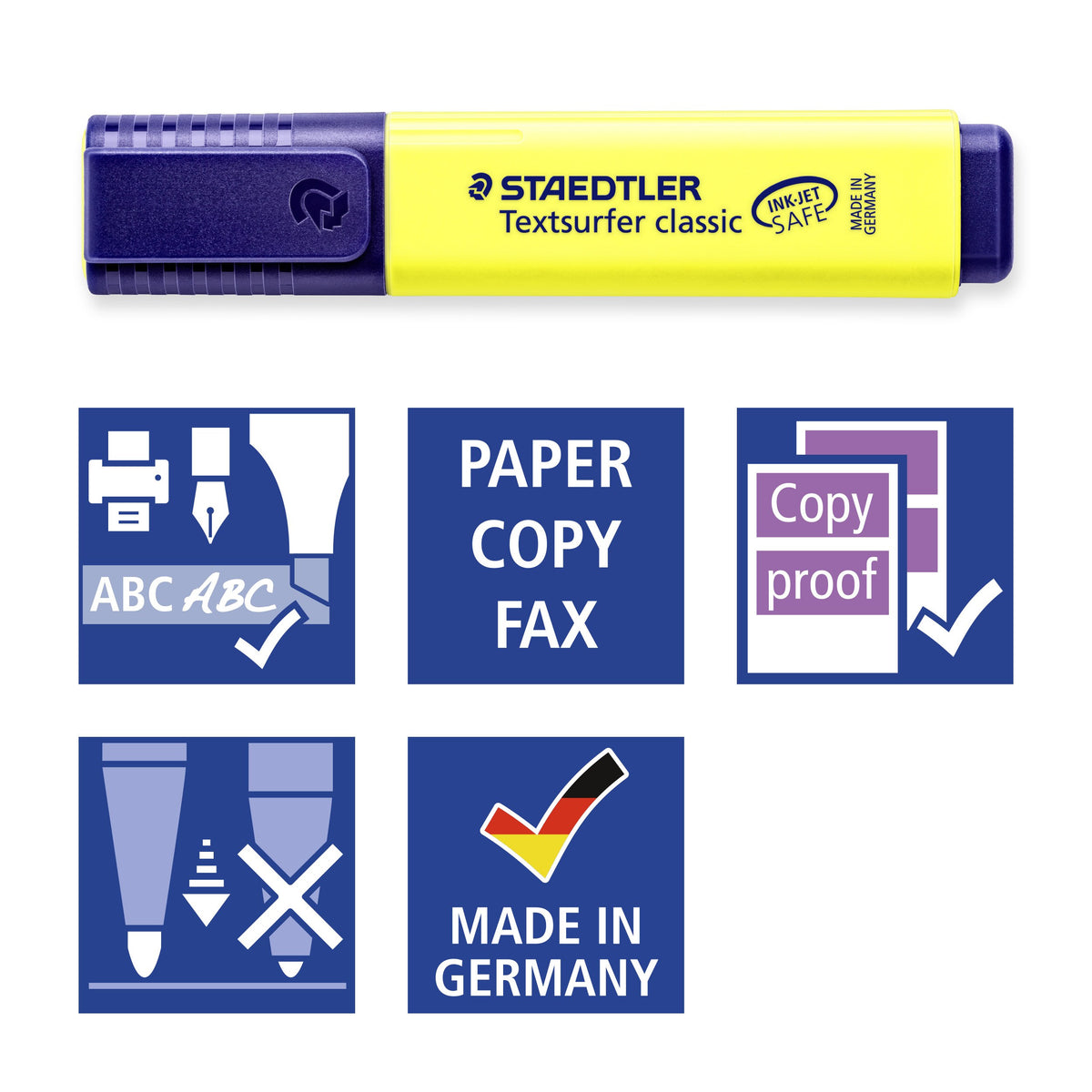 Pictograms for the 364 WP6: inkjet safe, paper copy fax, copy proof, locked tip and Made in Germany, with a yellow pen