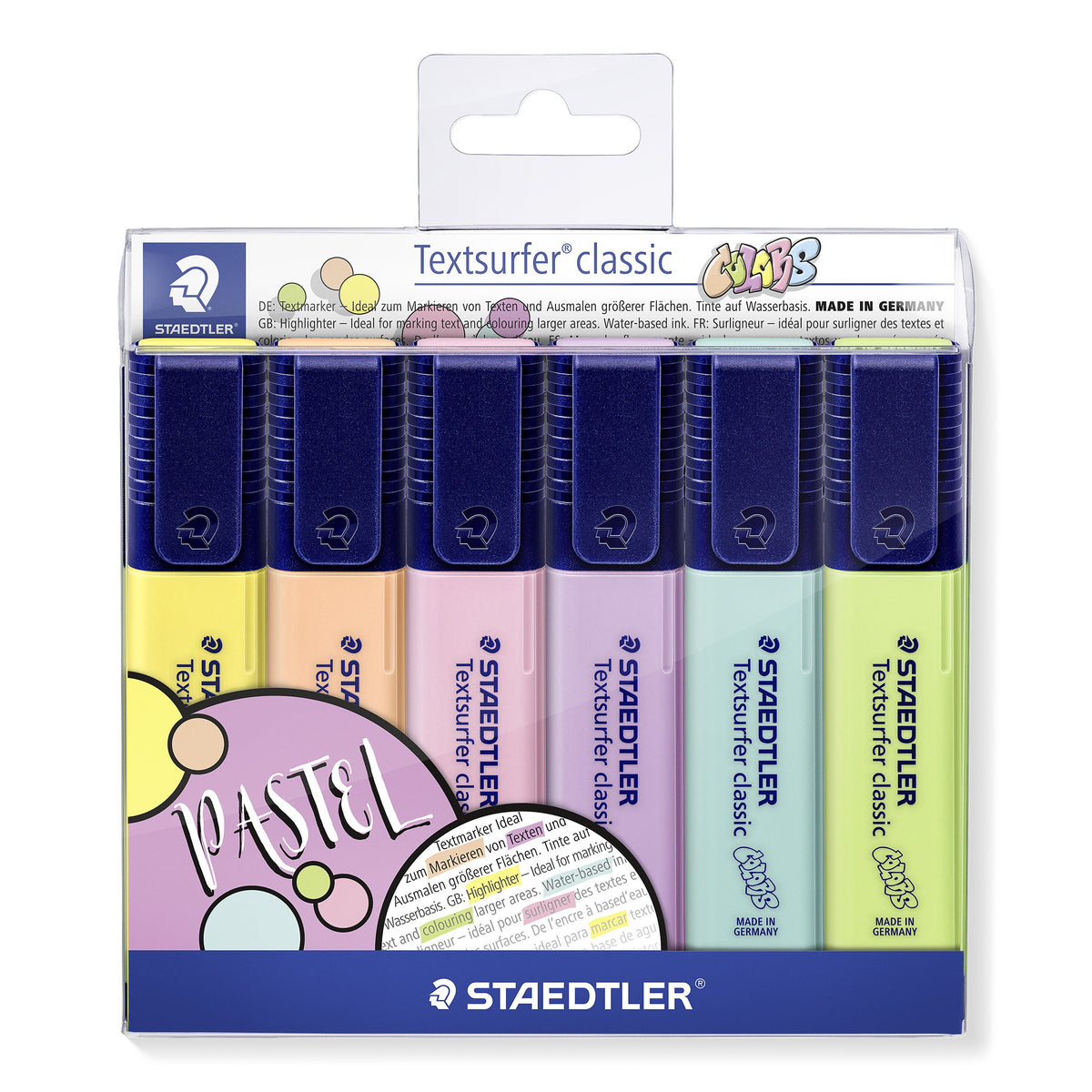 Staedtler Textsurfer classic COLORS wallet printed PASTEL, six highlighters in yellow, peach, pink, lavender, mint and lime green behind the clear front