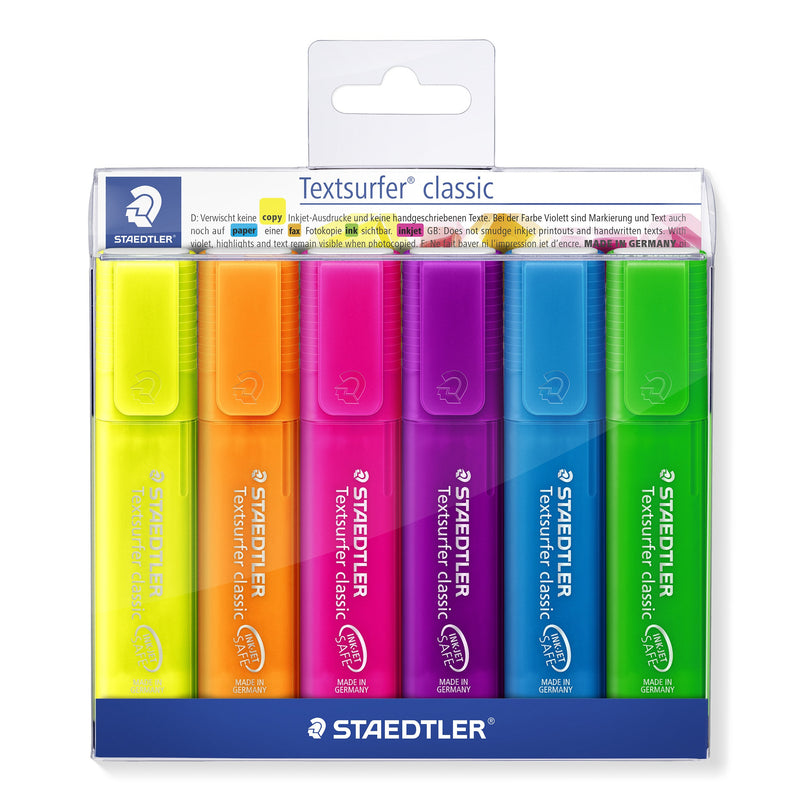 Staedtler Textsurfer classic rainbow colours wallet of 6 on a hanger card: yellow, orange, pink, violet, blue and green pens with tinted caps