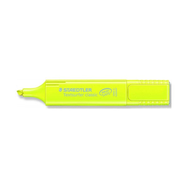 Yellow rainbow colours Textsurfer classic uncapped, lying flat with the chisel tip on the left