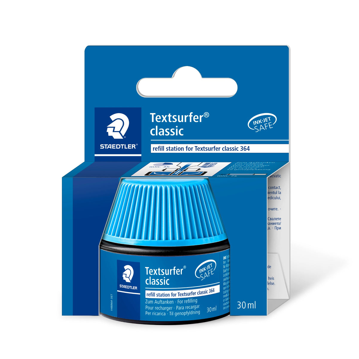 Staedtler Textsurfer classic refill station 488 64-3 on its blue hang card, blue ribbed cap, 30 ml printed on the card and the pot