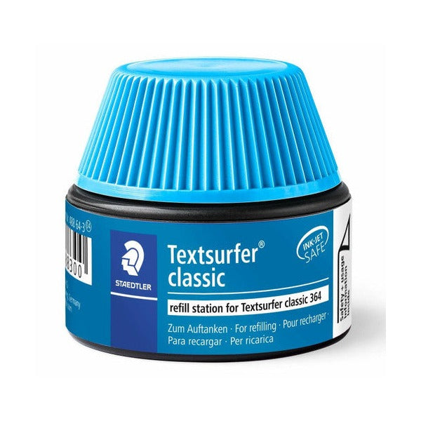 The blue 488 64-3 refill pot out of its card, a dark pot with a blue ribbed cap and a Textsurfer classic label