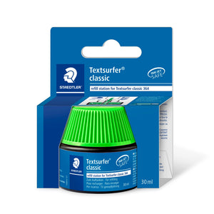 Staedtler Textsurfer classic refill station 488 64-5 on its blue hang card, green ribbed cap, 30 ml printed on the card and the pot