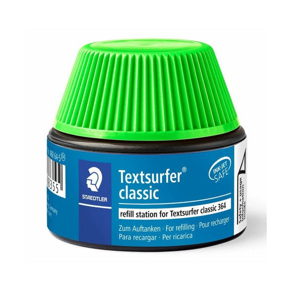 The green 488 64-5 refill pot out of its card, a dark pot with a green ribbed cap and a Textsurfer classic label