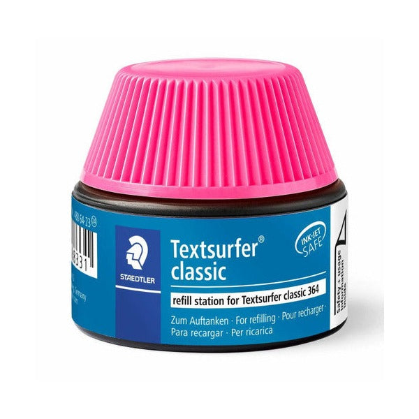 The pink 488 64-23 refill pot out of its card, a dark pot with a pink ribbed cap and a Textsurfer classic label