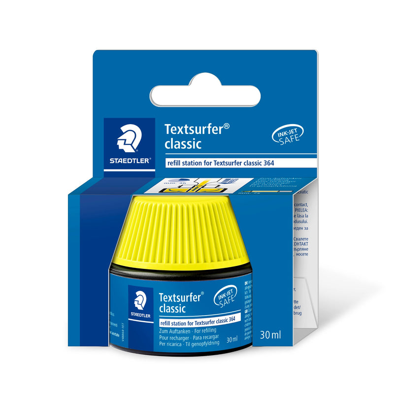 Staedtler Textsurfer classic refill station 488 64-1 on its blue hang card, yellow ribbed cap, 30 ml printed on the card and the pot