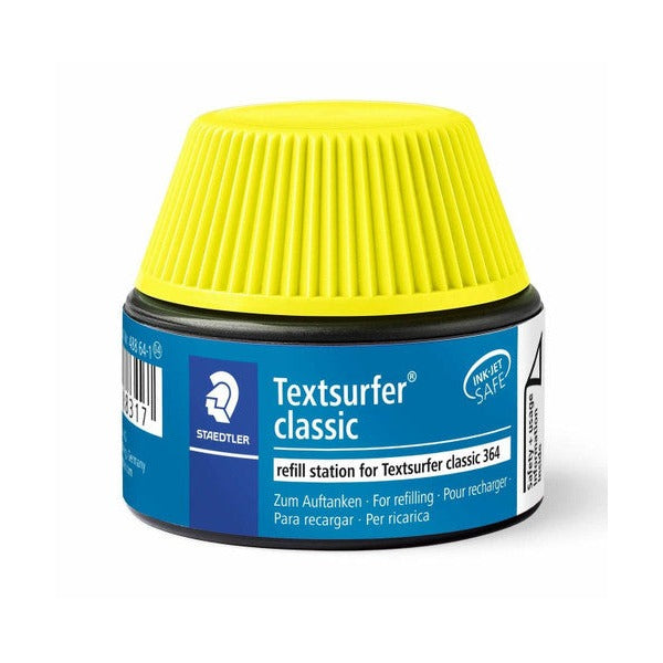 The yellow 488 64-1 refill pot out of its card, a dark pot with a yellow ribbed cap and a Textsurfer classic label