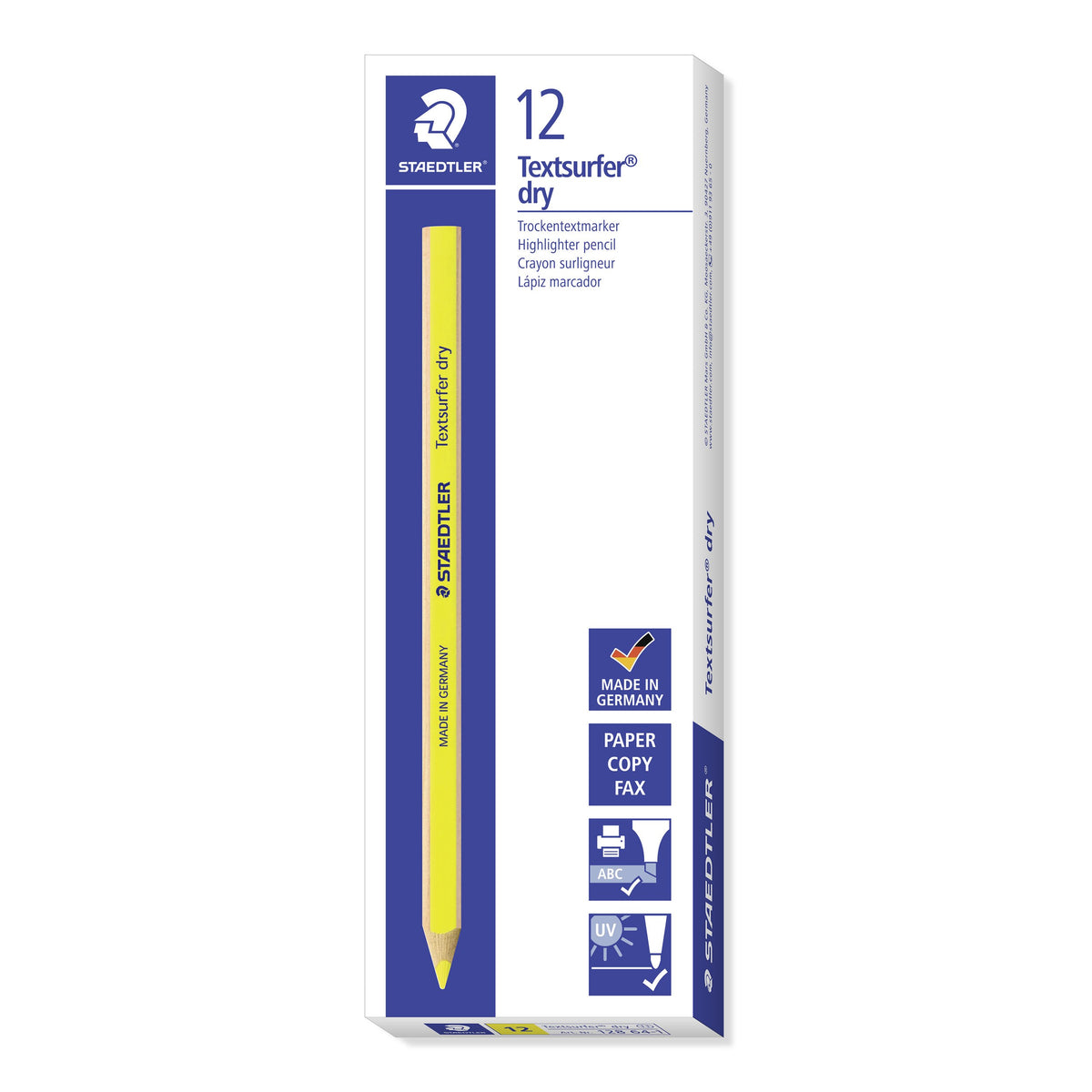 Staedtler Textsurfer dry box printed 12, with a yellow highlighter pencil on the front and blue pictogram panels down the side