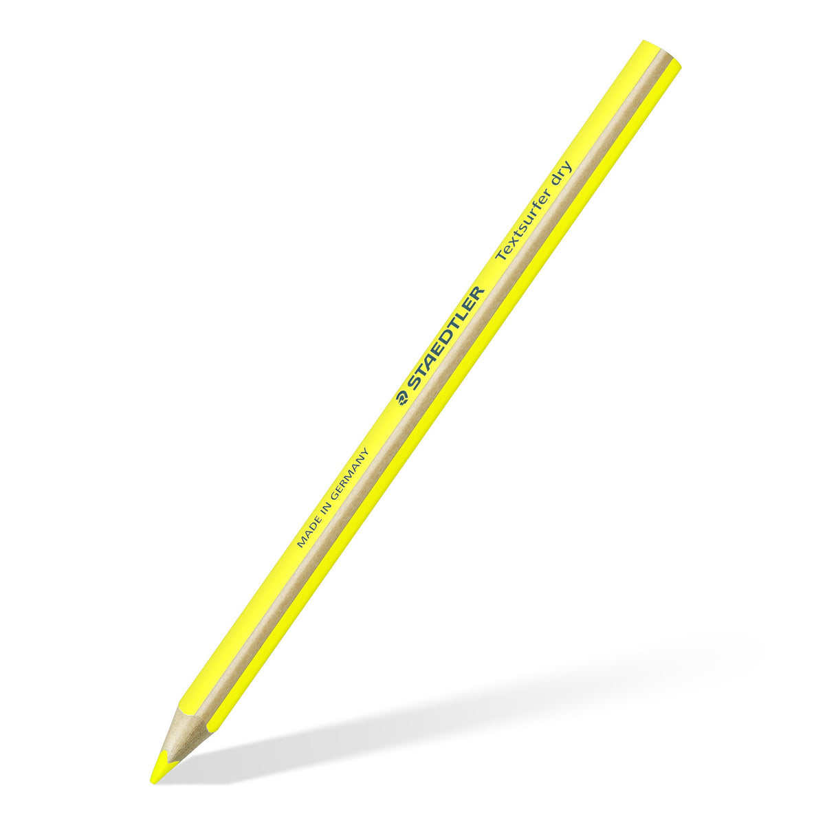 Single Staedtler Textsurfer dry yellow highlighter pencil at an angle, natural wood showing at the sharpened point