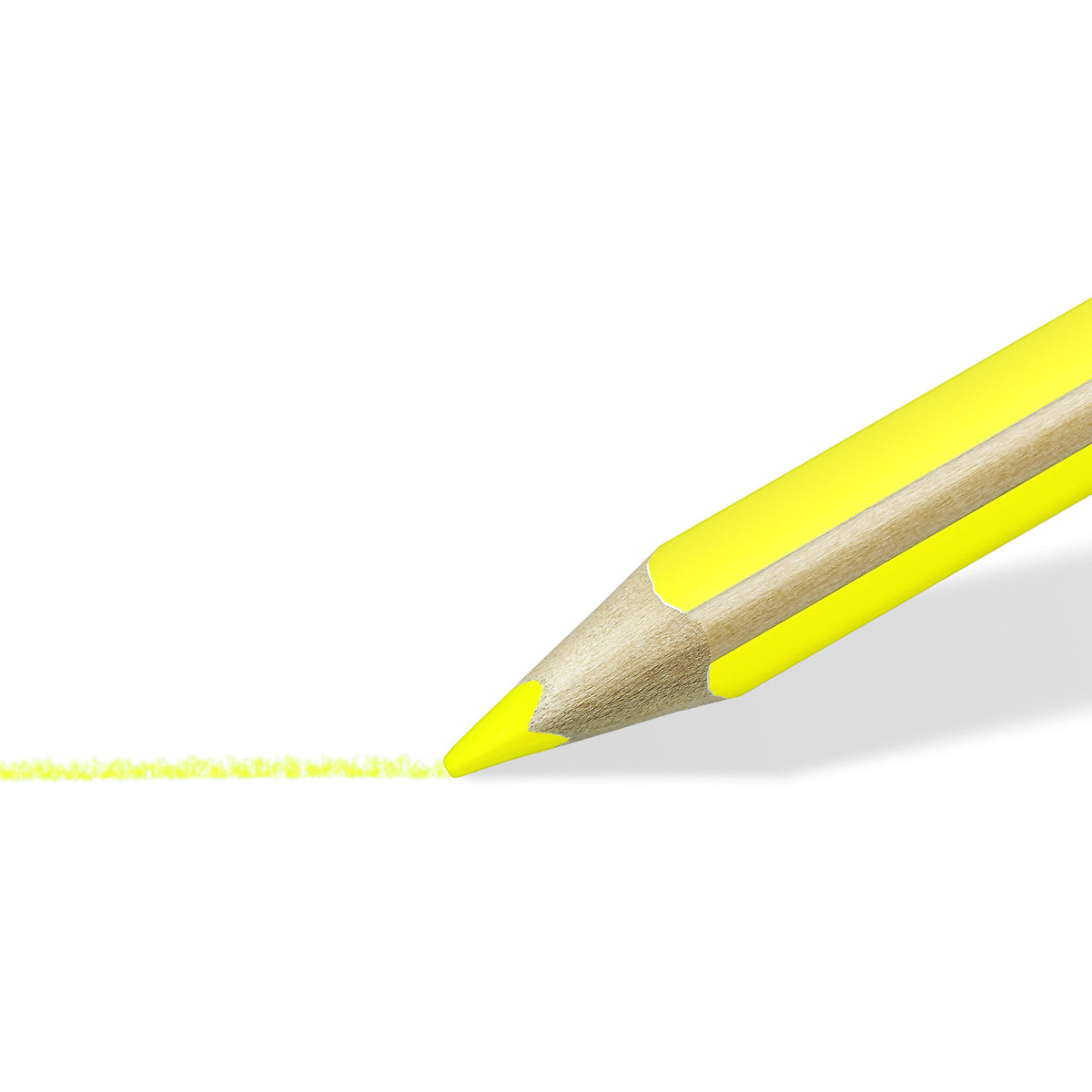 Close-up of a sharpened Textsurfer dry yellow wax lead drawing a highlight line on white paper