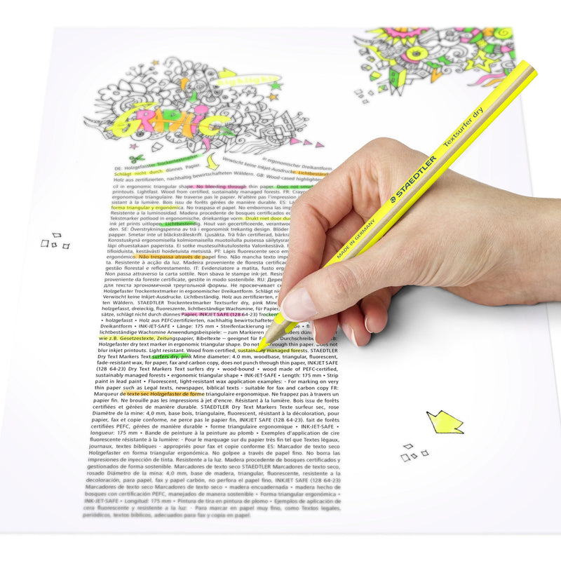 Hand highlighting lines of printed text with a yellow Textsurfer dry pencil on a page with a doodled illustration
