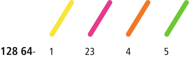 Staedtler colour chart for the 128 64 range showing yellow 1, pink 23, orange 4 and green 5 strokes