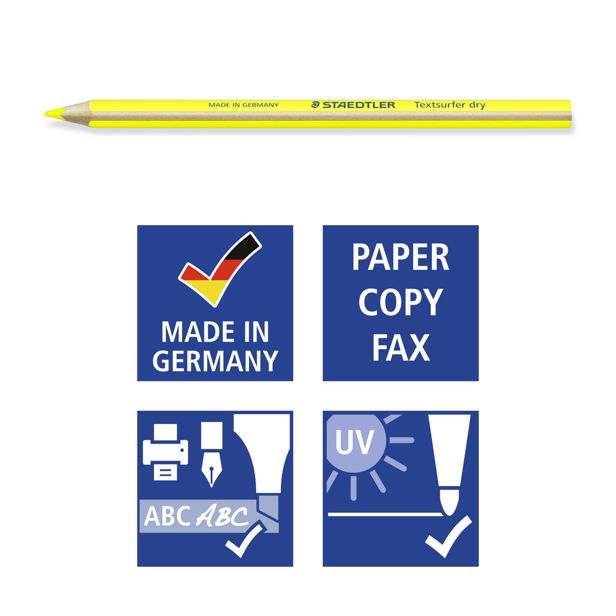 Staedtler pictograms under a yellow Textsurfer dry pencil: Made in Germany, paper copy fax, inkjet safe and UV symbols